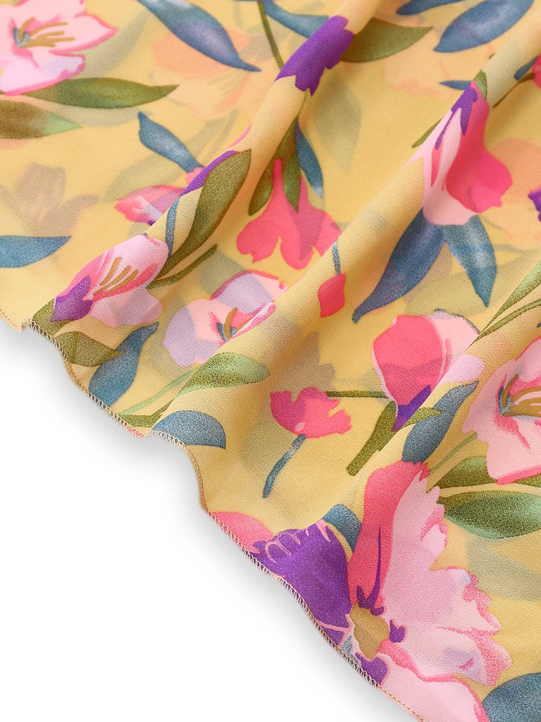 Gelb 1930er Blumen Rüschen Tief V-Ausschnitt Ausgeschnitten Kleid