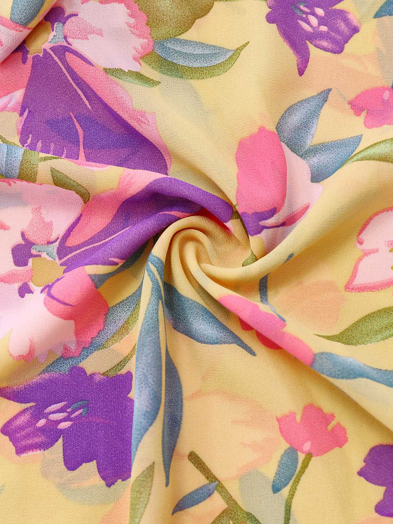 Gelb 1930er Blumen Rüschen Tief V-Ausschnitt Ausgeschnitten Kleid