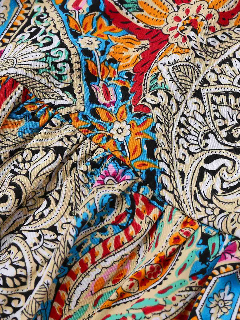 Multicolor 1970er Bohemien Paisley Blumen Glockenärmel Kleid
