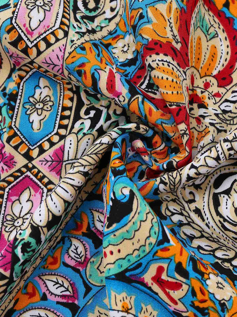 Multicolor 1970er Bohemien Paisley Blumen Glockenärmel Kleid