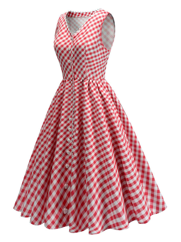 Rot 1950er V-Ausschnitt Gingham Plaid Kleid