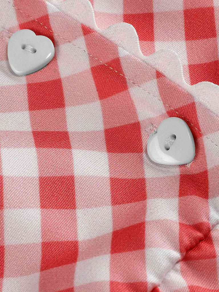 Rot 1950er V-Ausschnitt Gingham Plaid Kleid