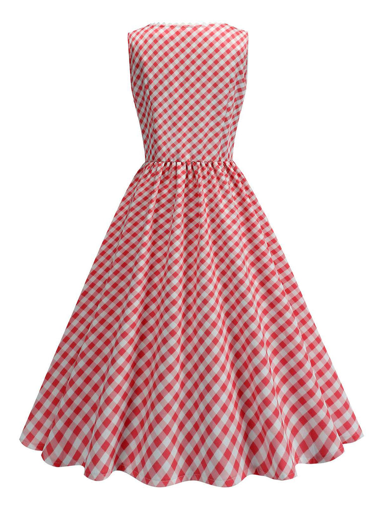 Rot 1950er V-Ausschnitt Gingham Plaid Kleid