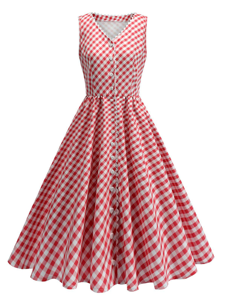 Rot 1950er V-Ausschnitt Gingham Plaid Kleid