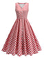 Rot 1950er V-Ausschnitt Gingham Plaid Kleid