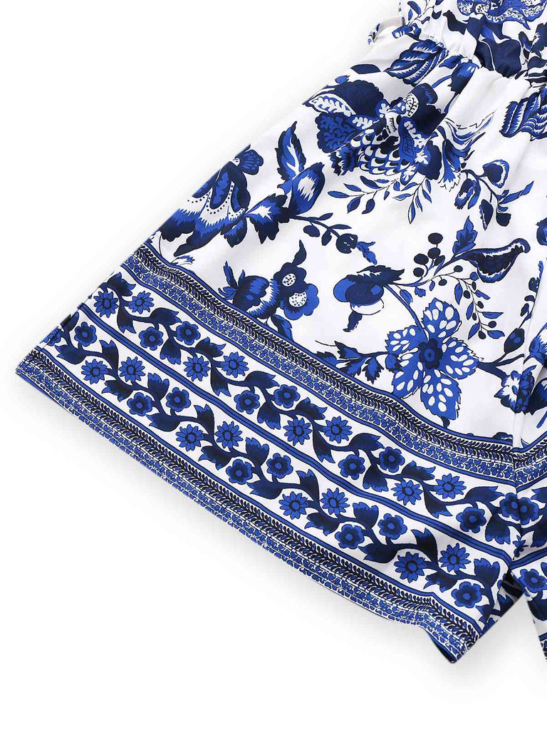 Blau 1950er Blau-Weiß-Porzellan Blumen Gürtel Romper