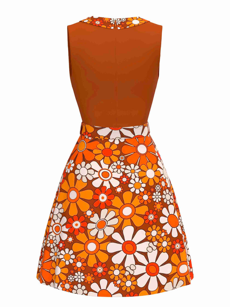 Orange 1960er Boho Psychedelisch Blumen Gürtel Kleid
