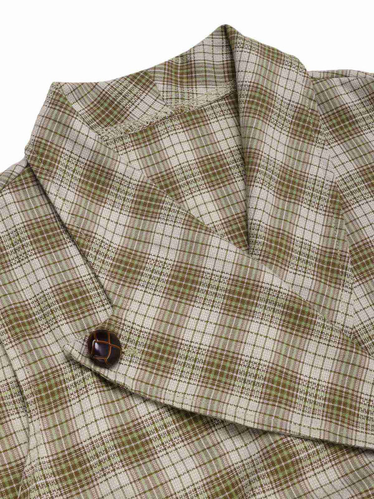 Erbsengrün 1960er Revers Geknöpft Tartan Kleid