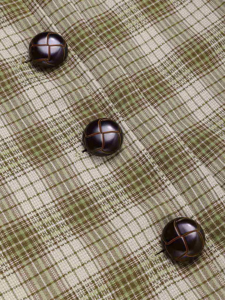 Erbsengrün 1960er Revers Geknöpft Tartan Kleid