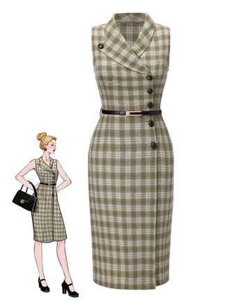 Erbsengrün 1960er Revers Geknöpft Tartan Kleid