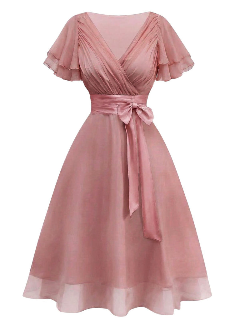 Rosa 50er Cocktailkleid aus Tüll mit Satingürtel