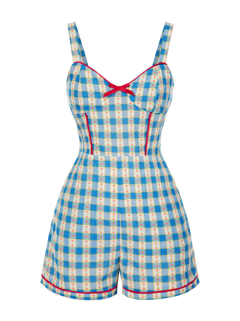Blau 1950er Bogen Gingham Plaid Blumen Romper