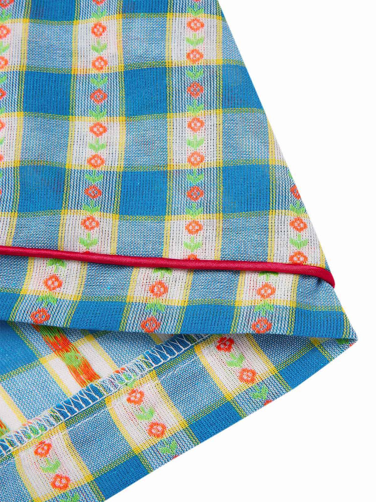Blau 1950er Bogen Gingham Plaid Blumen Romper
