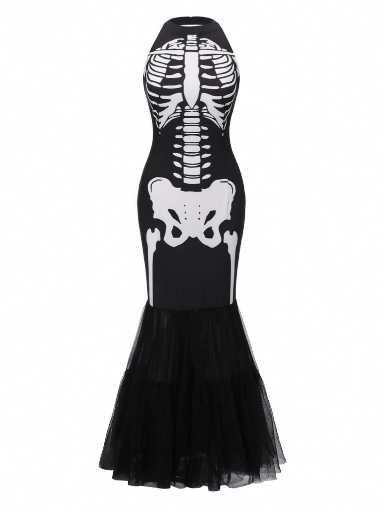 Schwarz & Weiß 1930er Halter Schädel Netz Fischschwanz Kleid