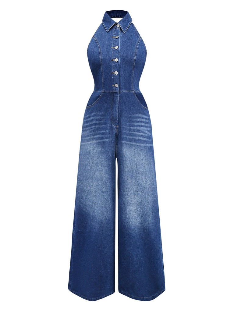 Blau 1930er Revers Ärmellos Weites Bein Denim Jumpsuit