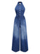 Blau 1930er Revers Ärmellos Weites Bein Denim Jumpsuit