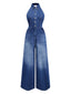 Blau 1930er Revers Ärmellos Weites Bein Denim Jumpsuit