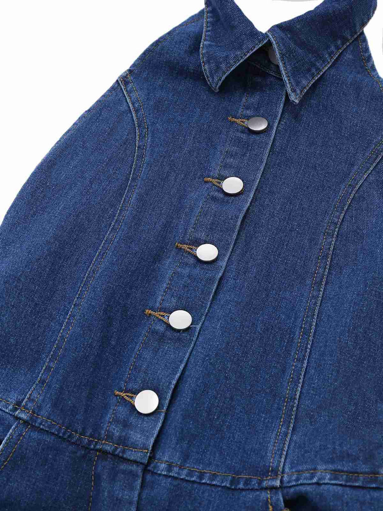 Blau 1930er Revers Ärmellos Weites Bein Denim Jumpsuit