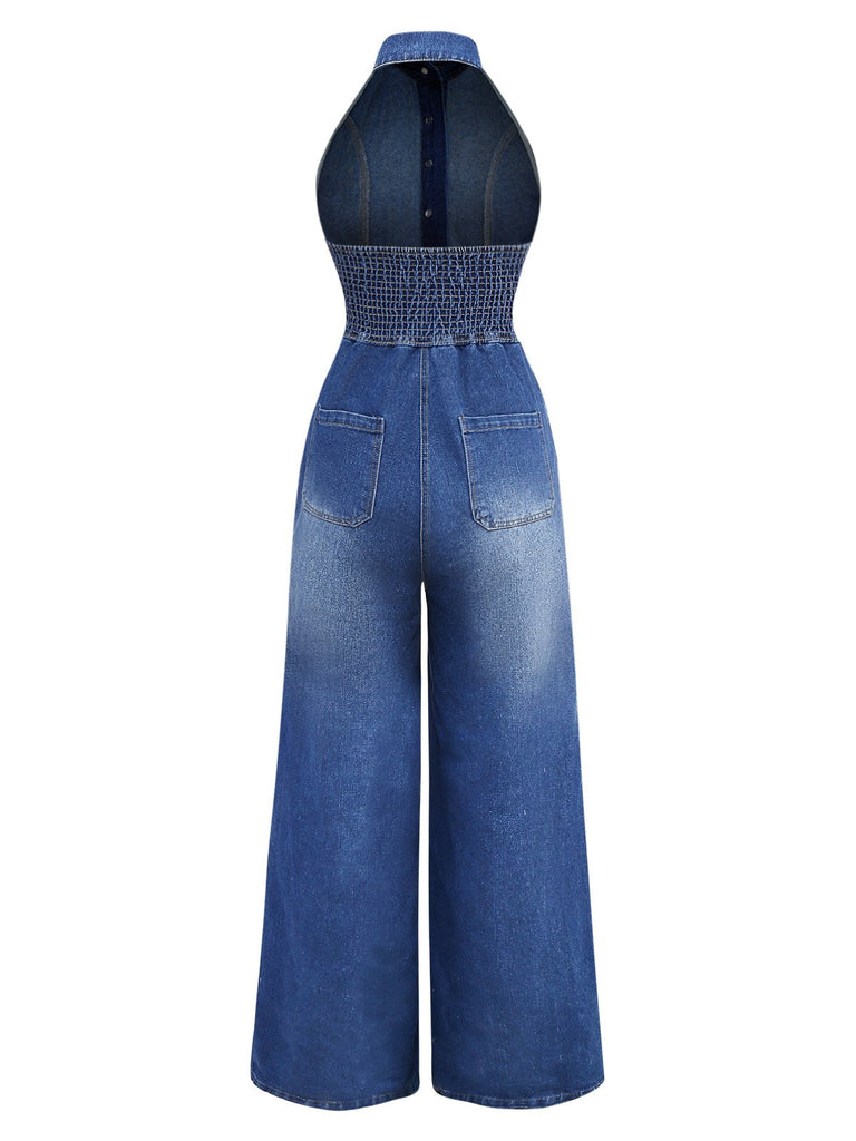 Blau 1930er Revers Ärmellos Weites Bein Denim Jumpsuit