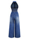 Blau 1930er Revers Ärmellos Weites Bein Denim Jumpsuit