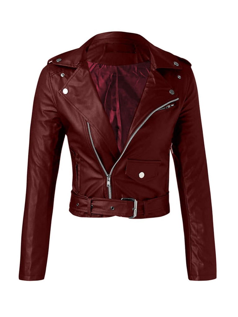 1980er Solide Revers PU Leder Gürtel Kurze Jacke