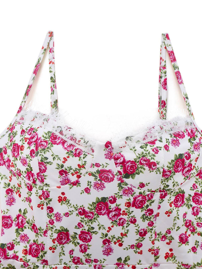 Weiß 1940er Kleine Blumen Rose Schlitz Slip Kleid
