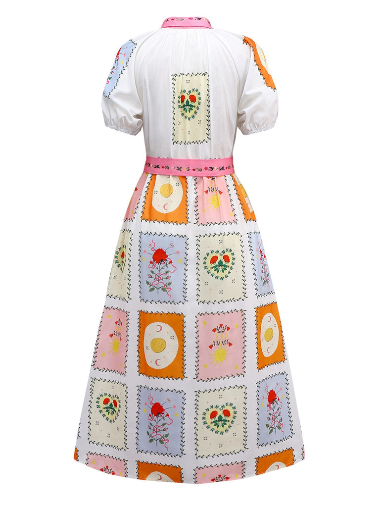 Multicolor 1930er Blumen Sonne Mond Gürtel Kleid