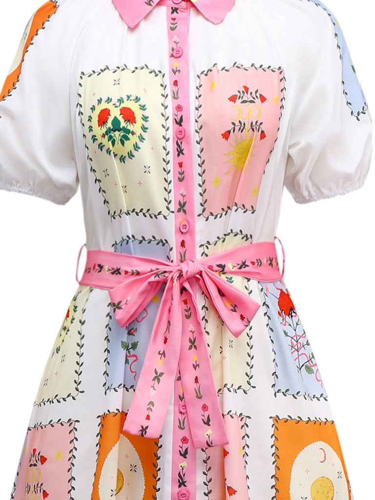 Multicolor 1930er Blumen Sonne Mond Gürtel Kleid