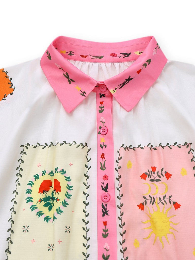 Multicolor 1930er Blumen Sonne Mond Gürtel Kleid