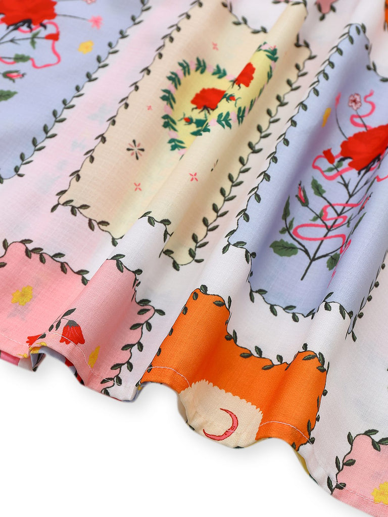 Multicolor 1930er Blumen Sonne Mond Gürtel Kleid