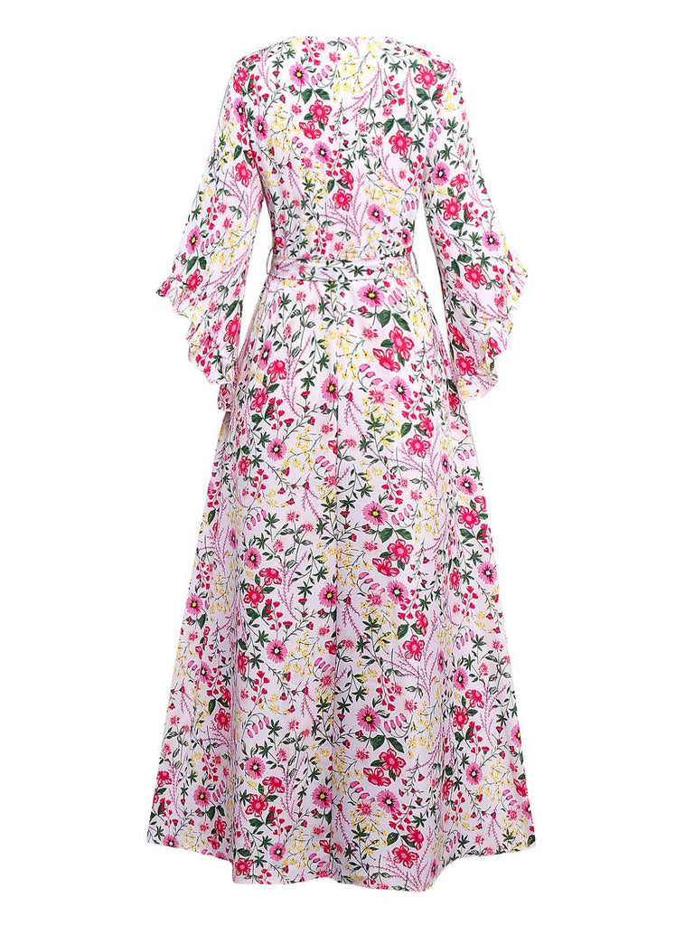 Rosa 1940er Volantärmel V-Ausschnitt Blumen Kleid