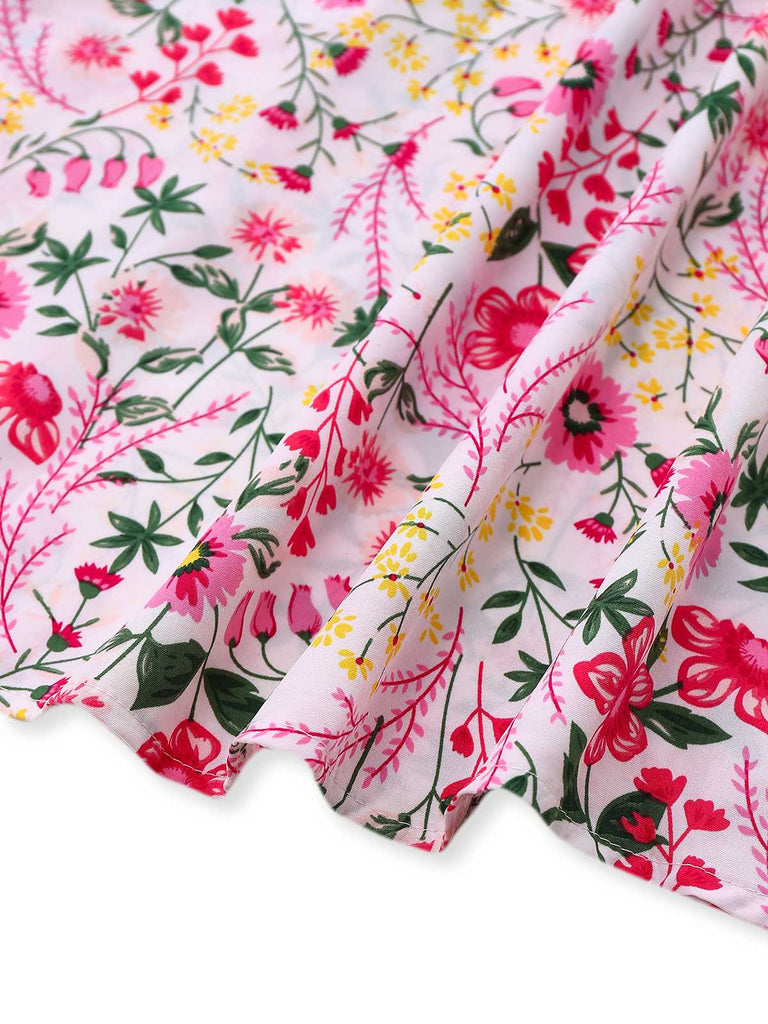 Rosa 1940er Volantärmel V-Ausschnitt Blumen Kleid