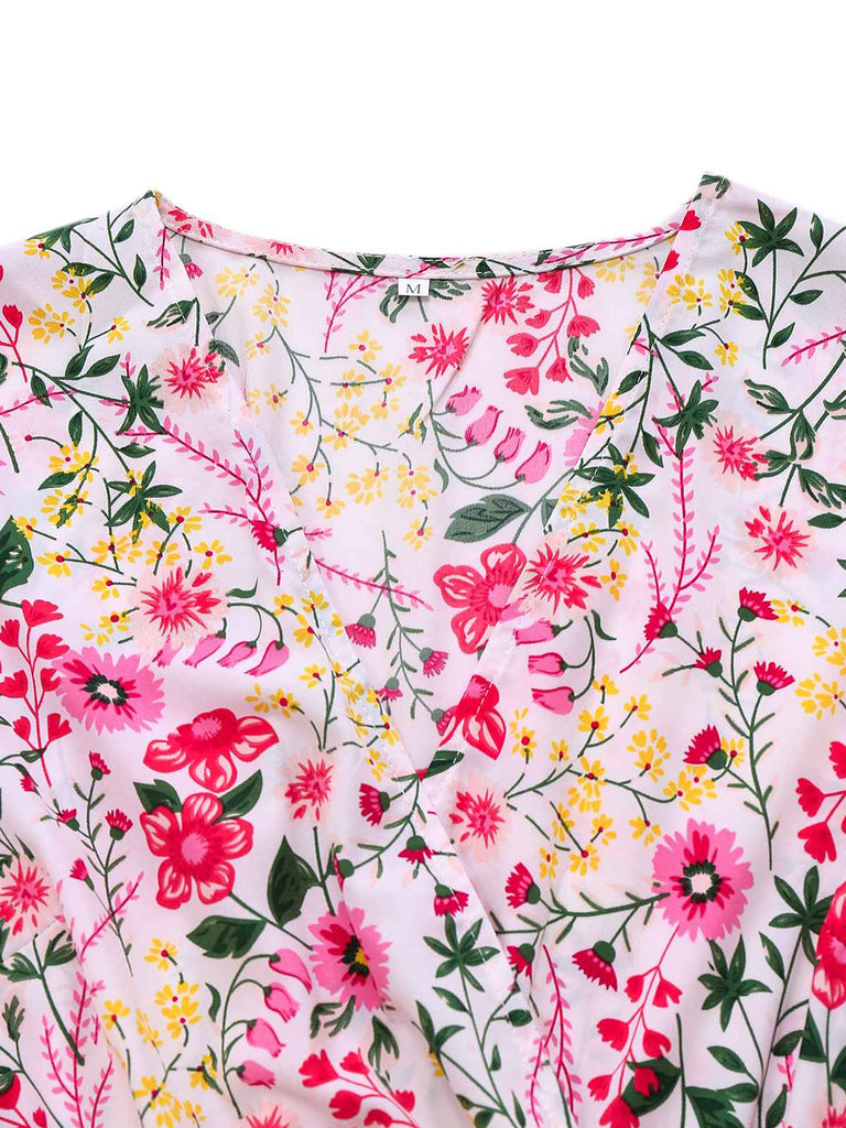 Rosa 1940er Volantärmel V-Ausschnitt Blumen Kleid