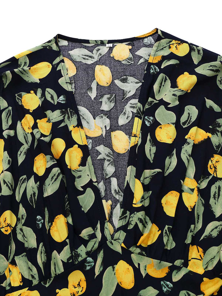 Gelb 1950er Zitrone V-Ausschnitt Gesmokt Chiffon Kleid