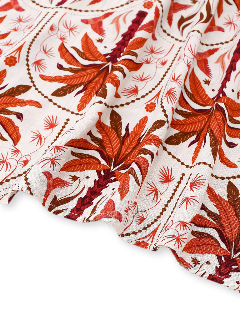 Rot 1970er Revers V-Ausschnitt Tropische Pflanzen Kleid