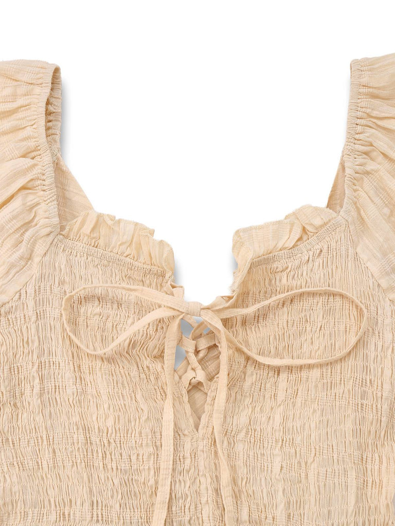 Aprikose 1950er Solide Baumwolle Raffhalter Gesmokt Kleid