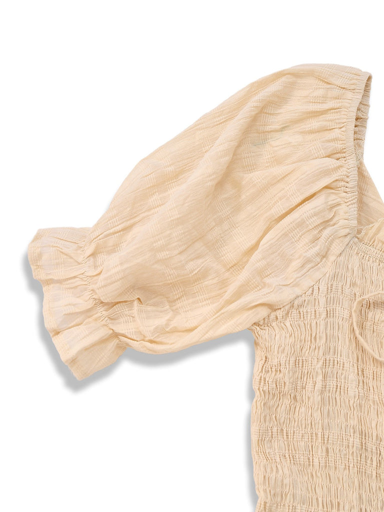 Aprikose 1950er Solide Baumwolle Raffhalter Gesmokt Kleid