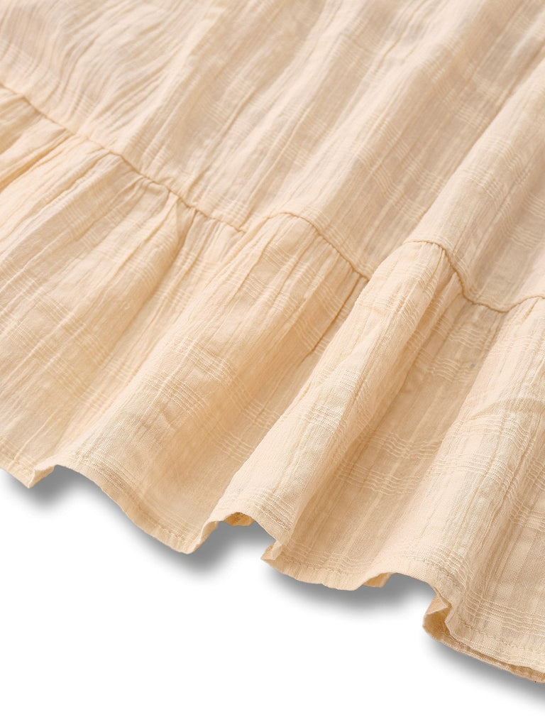 Aprikose 1950er Solide Baumwolle Raffhalter Gesmokt Kleid