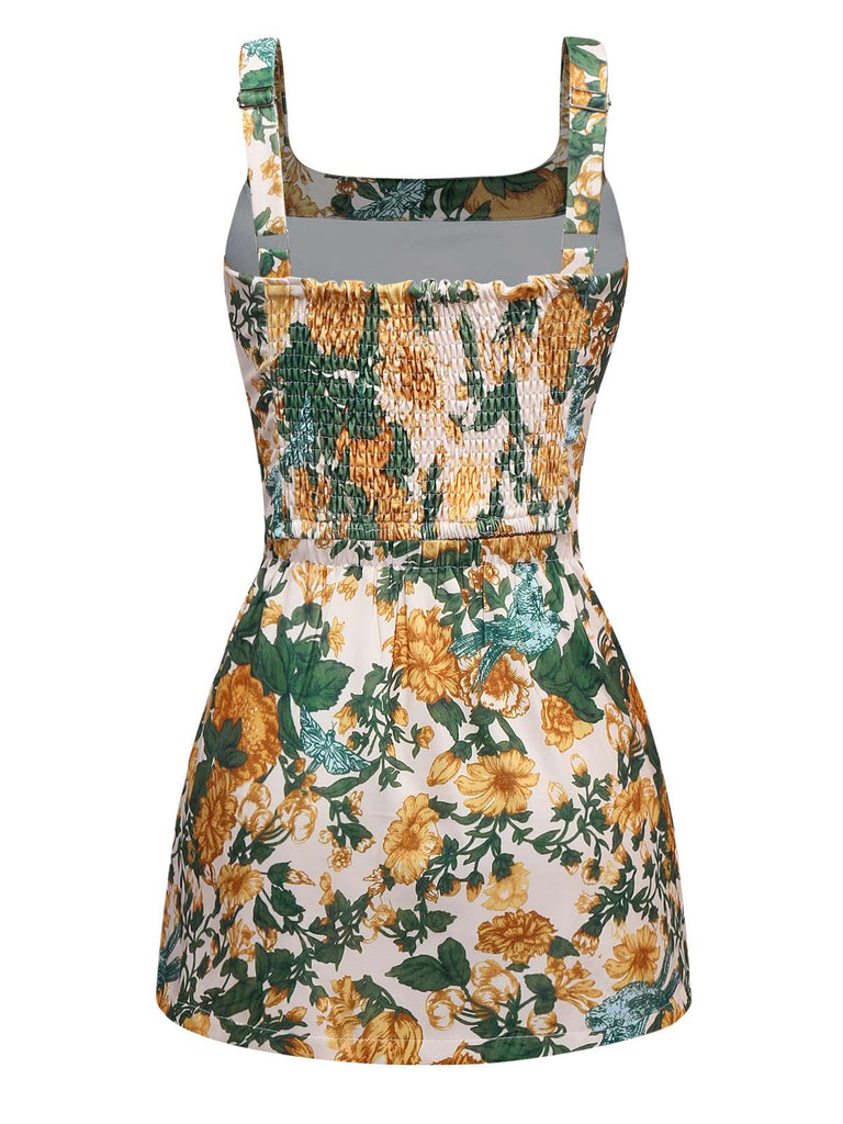 2PCS Gelb 1950er Blumen Breiter Träger Top & Mini Rock