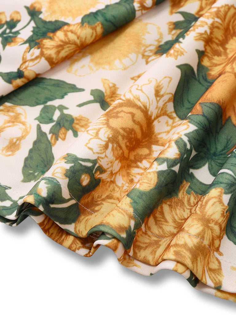 2PCS Gelb 1950er Blumen Breiter Träger Top & Mini Rock