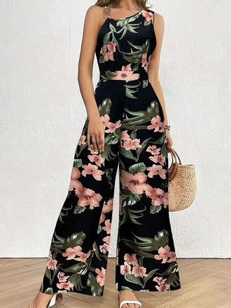 Schwarz 1930er Blumen Verlassen Asymmetrisch Ärmellos Jumpsuit