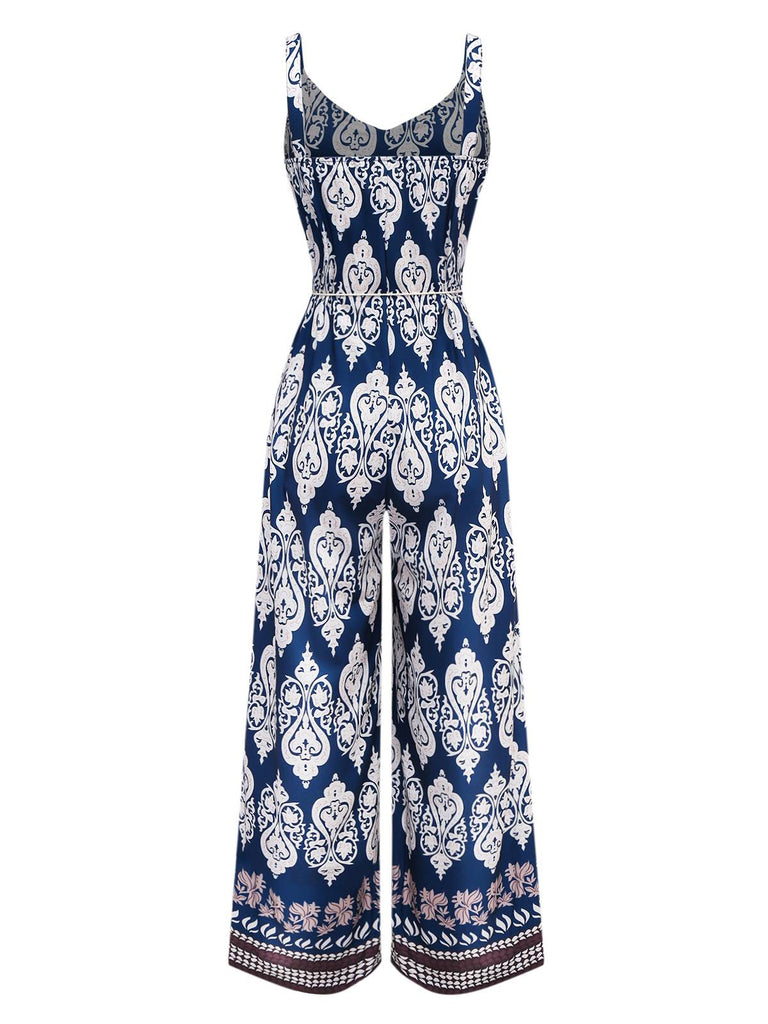 Blau 1970er Boho Ethnisch Drucken Träger Gürtel Jumpsuit