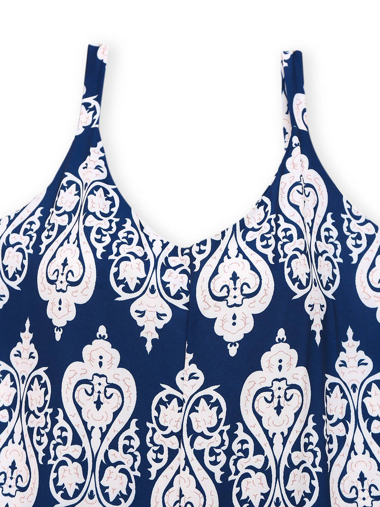 Blau 1970er Boho Ethnisch Drucken Träger Gürtel Jumpsuit