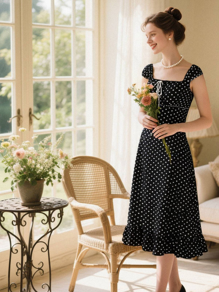 1940er Quadratischer Hals Polka Dot Rüschen Kleid