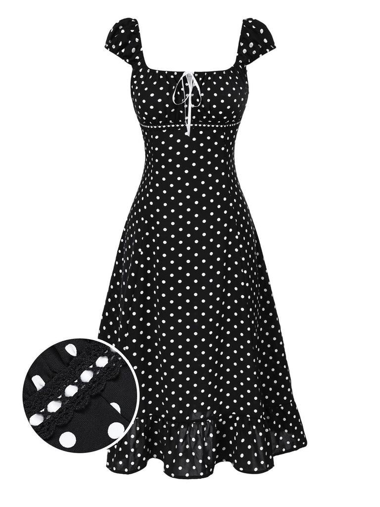 1940er Quadratischer Hals Polka Dot Rüschen Kleid