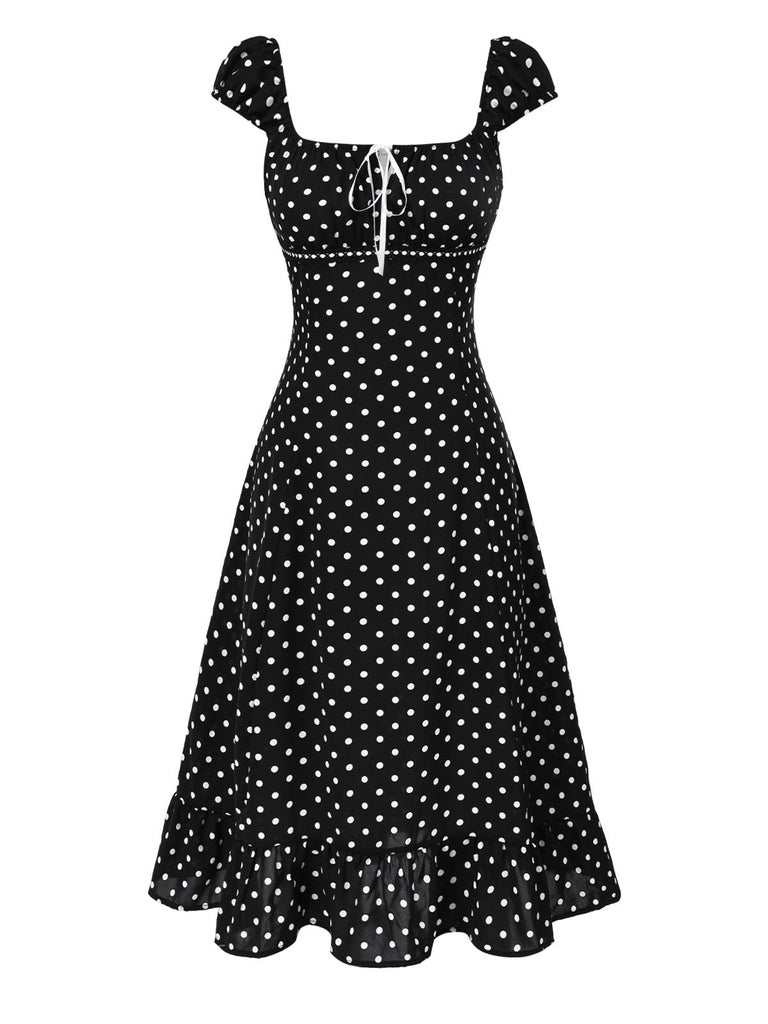 1940er Quadratischer Hals Polka Dot Rüschen Kleid