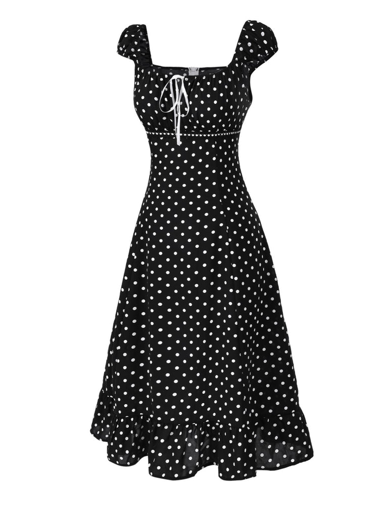 1940er Quadratischer Hals Polka Dot Rüschen Kleid