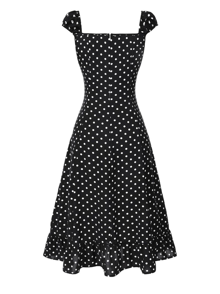 1940er Quadratischer Hals Polka Dot Rüschen Kleid