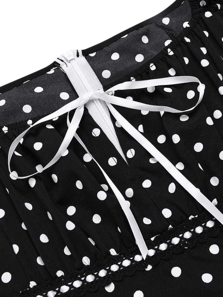 1940er Quadratischer Hals Polka Dot Rüschen Kleid