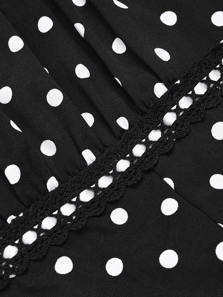 1940er Quadratischer Hals Polka Dot Rüschen Kleid